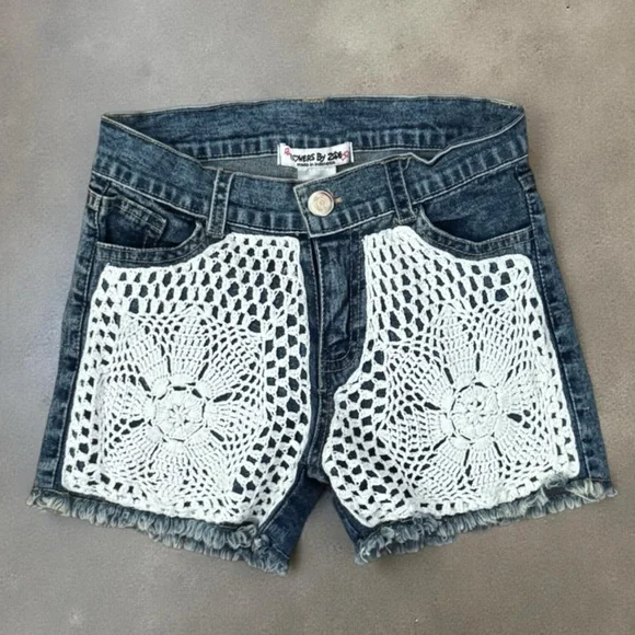 FLOWERS BY ZOE • Denim Macrame Freyed Shorts with Crochet Detail